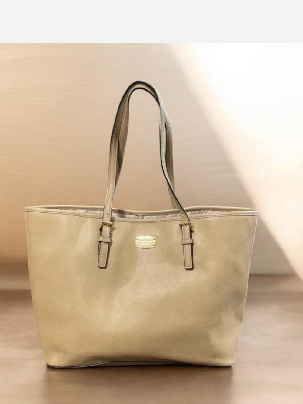 Michael Kors Jet Set Beige Saffiano Leather Tote with Gold Plaque